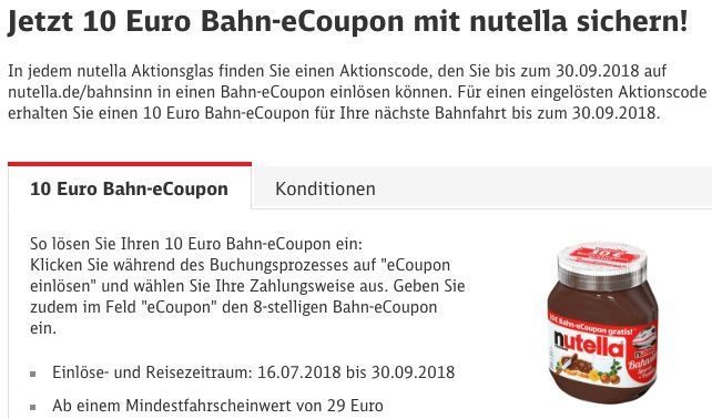 Nutella Bahn Gutschein 10€ Rabatt in jedem Glas