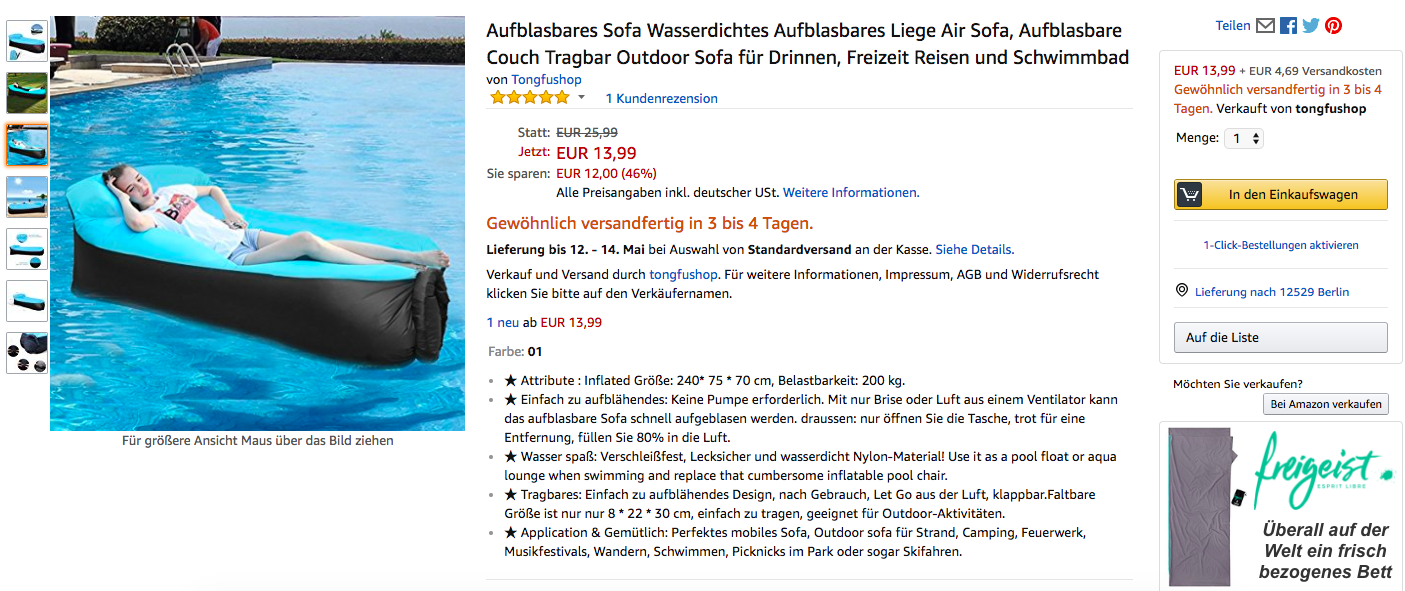 Aufblasbares Sofa Coole Outdoor Air Sleeping Bag für nur 12,27€ ***VORBEI***