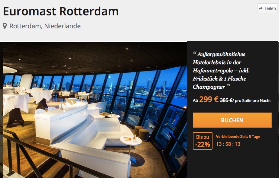 Mega Luxus im Euromast Rotterdam: 2 Tage in der Suite inkl. Frühstück und 1 Flasche Champagner nur 149€