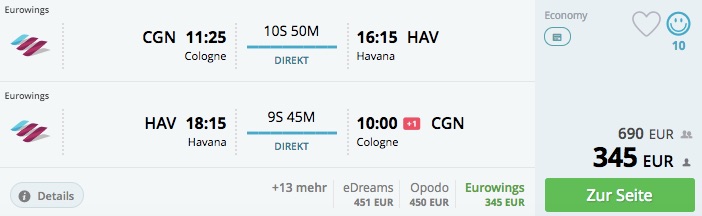 Nonstop Flüge mit Eurowings: z.B. Hin & Rückflug nach Kuba, Namibia oder Thailand für 345€