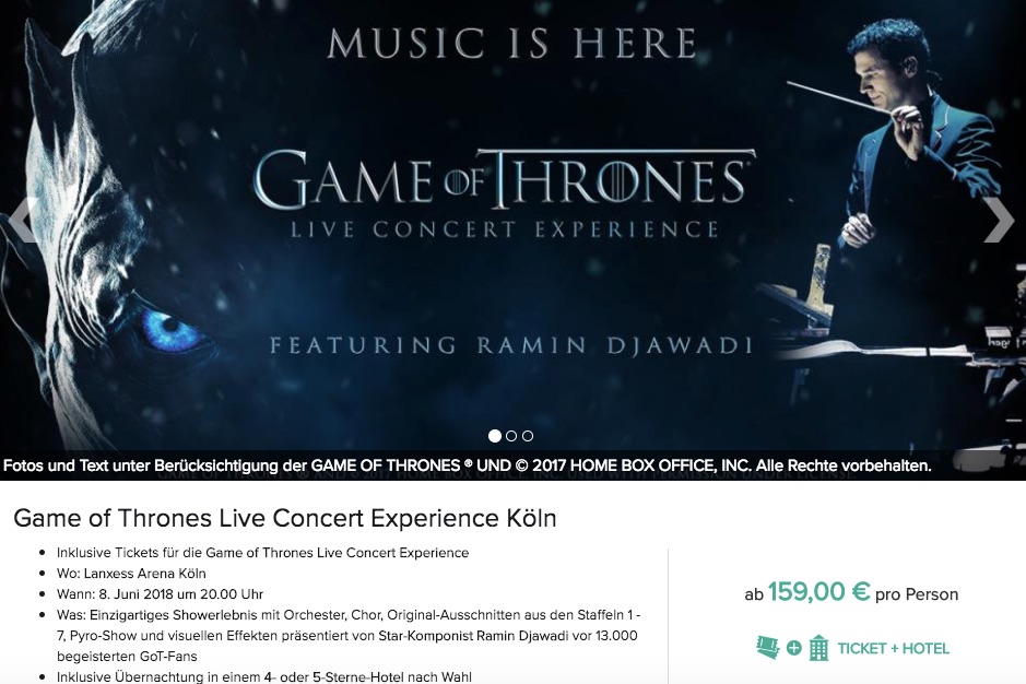 Game of Thrones Life Concert Experience 2 Tage im 4* Hotel in Köln inkl. Konzerttickets & Frühstück für 159€