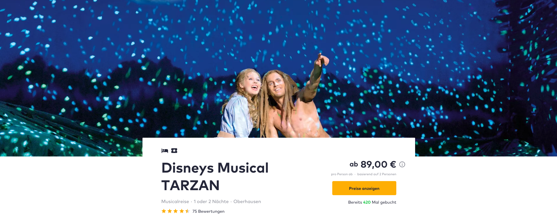 Tarzan Musical 2 Tage in Oberhausen inklusive 4* Hotel, Frühstück und Ticket für 99€