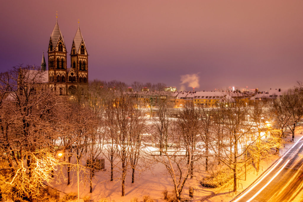 The "Herz Jesu" church in Freiburg on a snowy morning.