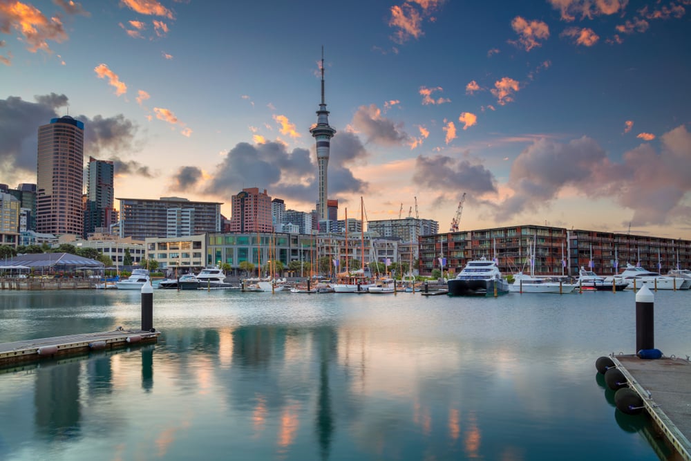 Hafen und Sky Tower in Auckland