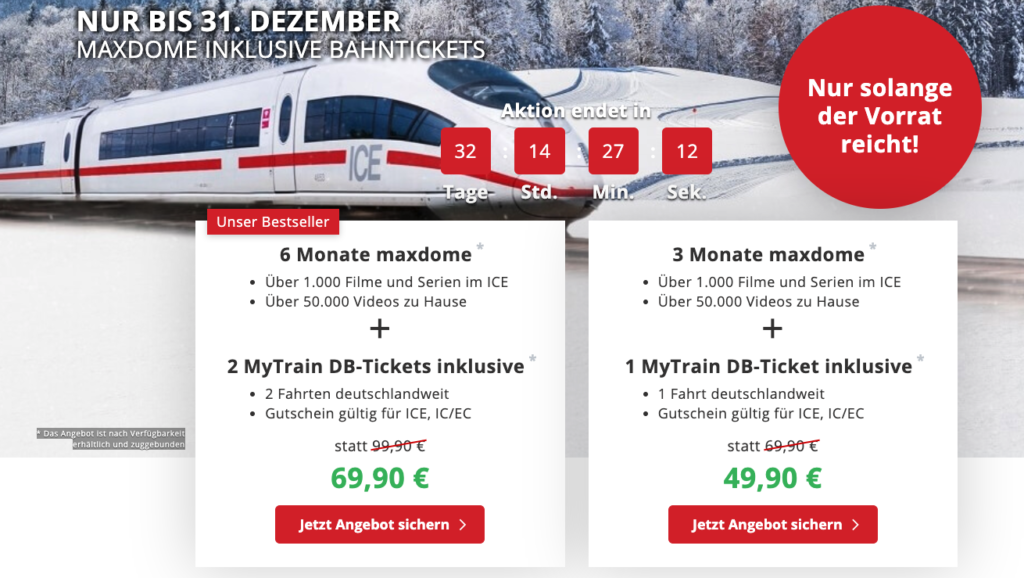 Bahn Angebot: deutschlandweites DB Ticket + maxdome