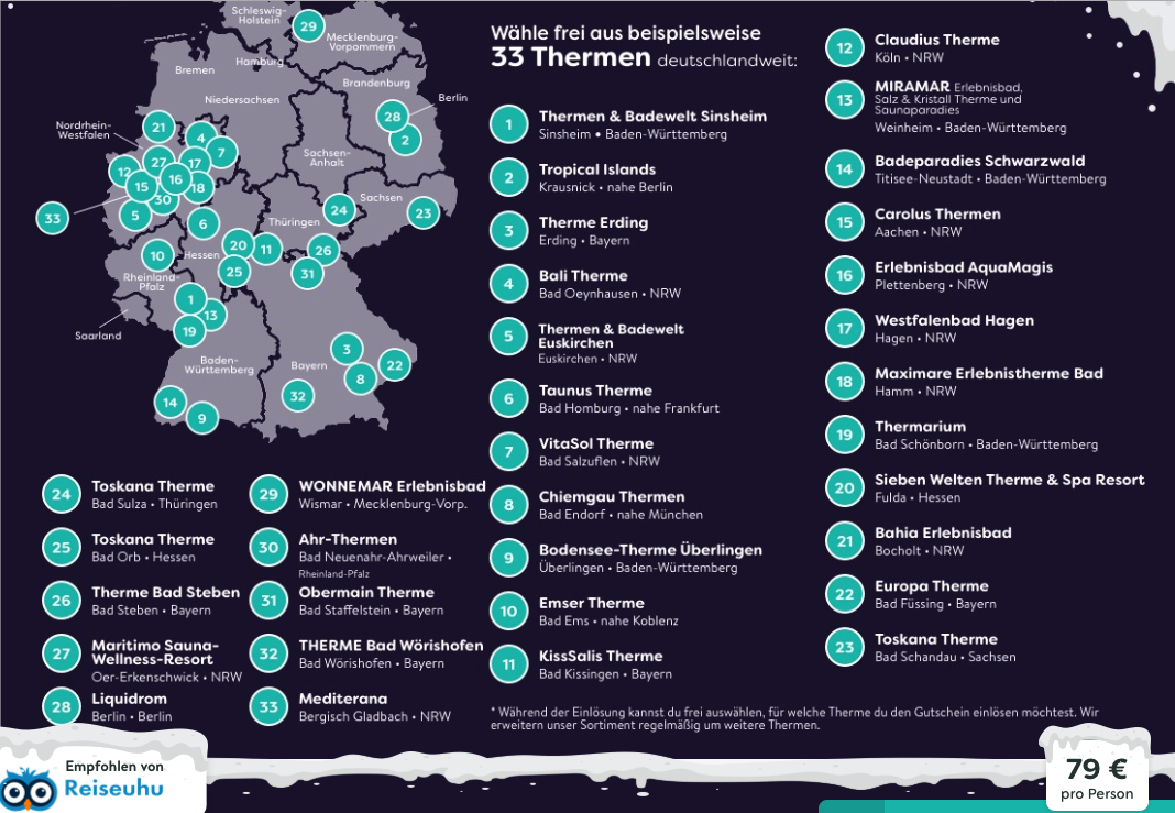 Wellness Gutschein - Eintritt für 1 von 13 Thermen mit ÜF für 59€