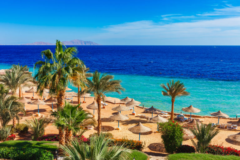 Strand mit Palmen und Sonnenschirmen in Hurghada