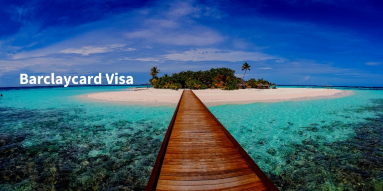 Barclaycard Visa Schriftzug auf Bild mit tropischer Insel umgeben vom Wasser