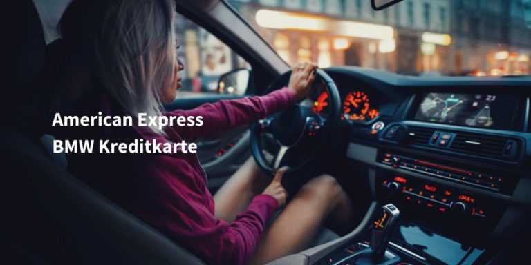 American Express BMW Kreditkarte Infoseite Schriftzug auf Bild mit junger Frau beim Autofahren