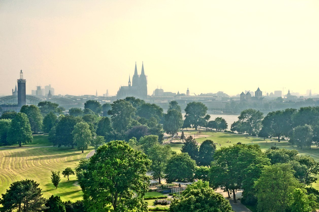 Park in Köln mit Dom im Hintergrund