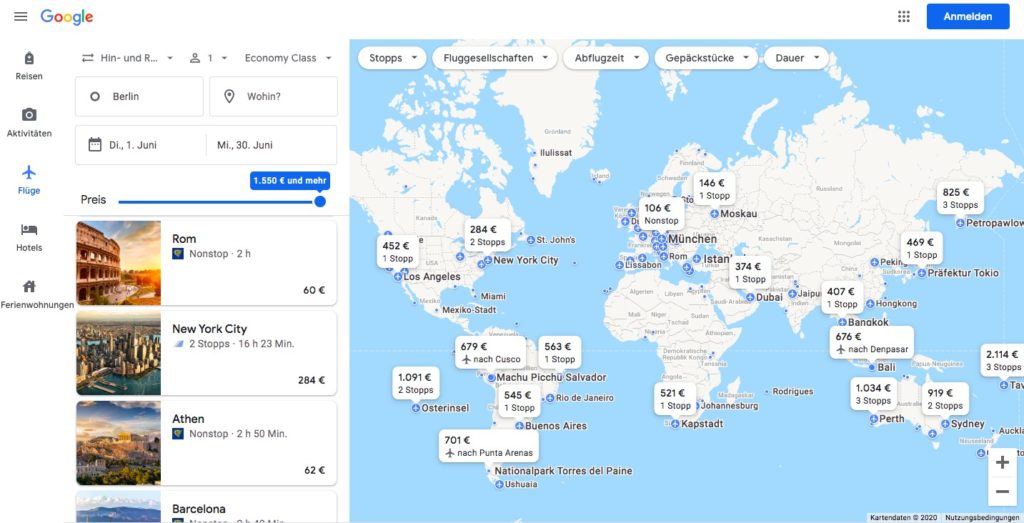 Google Flights - Reiseziele entdecken