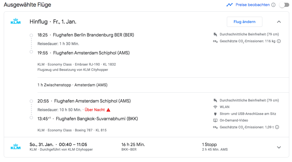 Detaillierte Fluginformationen bei Google Flights