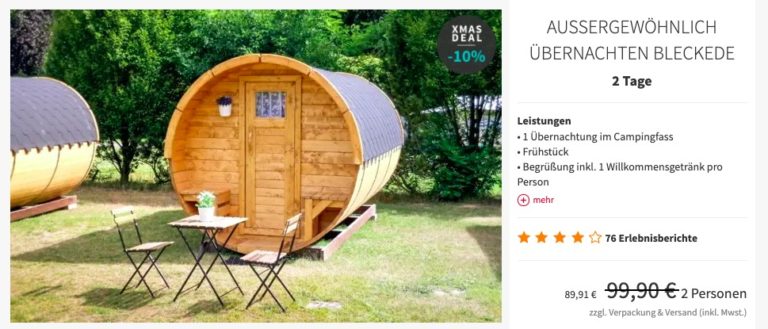 Glamping im Holzfass - 2 Tage mit Frühstück - 45€