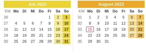 Kalender Brückentage 2022 - Juli & August