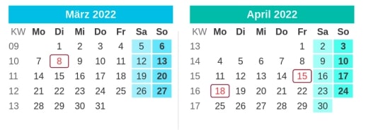 Kalender Brückentage 2022 - März & April