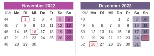 Kalender Brückentage 2022 - November & Dezember