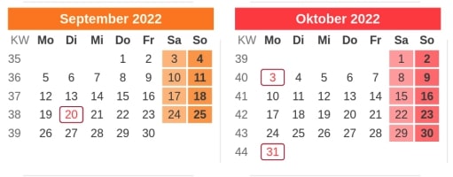 Kalender Brückentage 2022 - September & Oktober