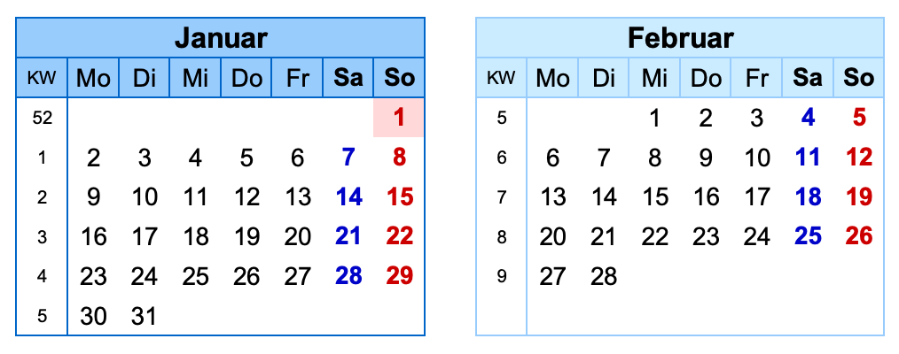 Kalender Brückentage 2023 - Januar & Februar