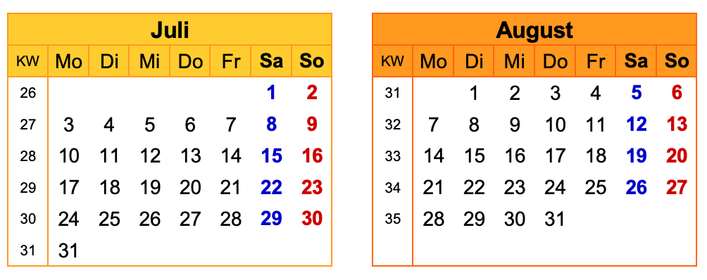 Kalender Brückentage 2023 - Juli & August