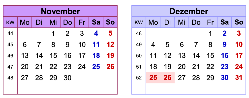 Kalender Brückentage 2023 - November & Dezember