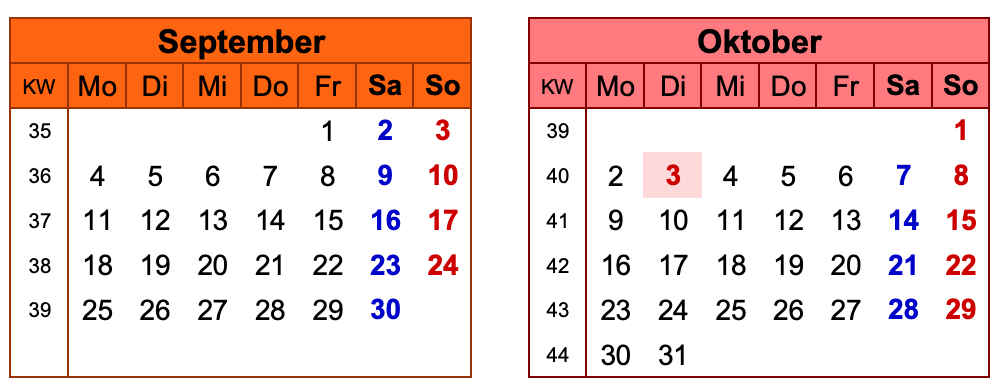 Kalender Brückentage 2023 - September & Oktober
