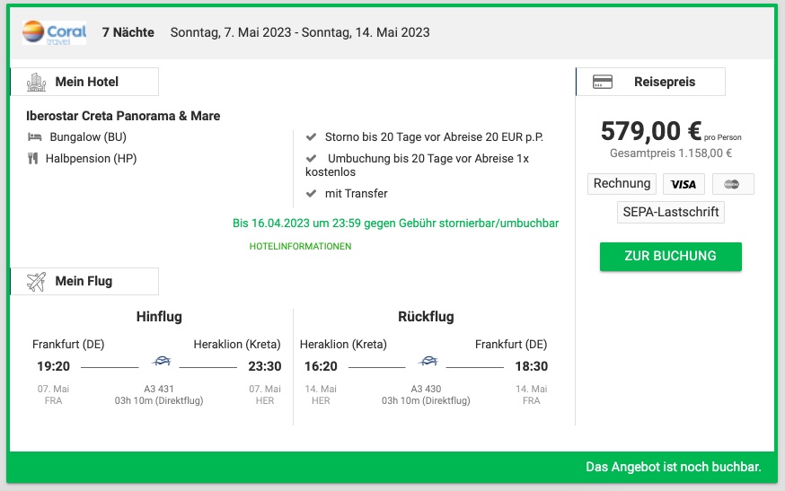 Kreta Pauschalreise Deal - 1 Woche im 4* Hotel mit HP - 611€ p.P.