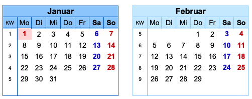 Kalender Brückentage 2024 - Januar & Februar