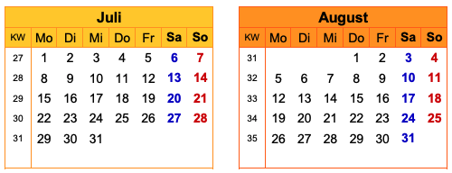 Kalender Brückentage 2024 - Juli & August