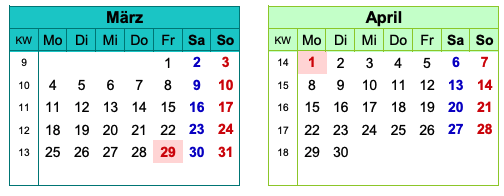 Kalender Brückentage 2024 - März & April