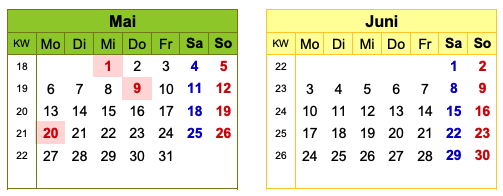 Kalender Brückentage 2024 - Mai & Juni