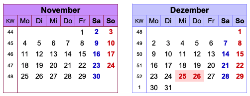Kalender Brückentage 2024 - November & Dezember