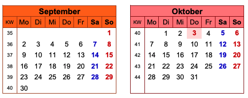 Kalender Brückentage 2024 - September & Oktober