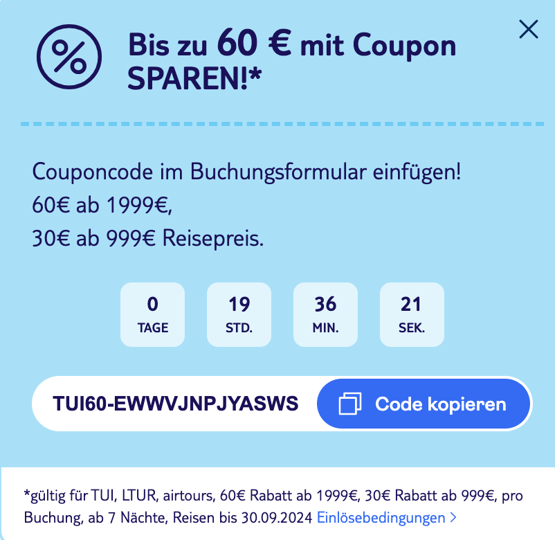 TUI Gutscheine Angebote oder 60 Discount Dezember 2024