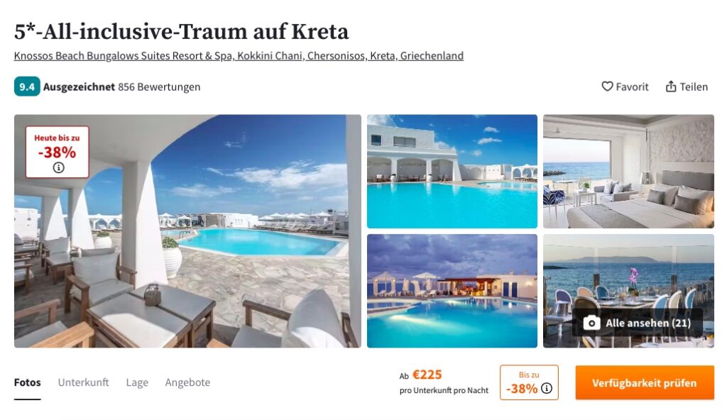 Kreta All Inclusive: 4 Tage im 5* Hotel ab 338€ p.P. im DZ oder Waterfront Bungalow ab 428€ p.P.