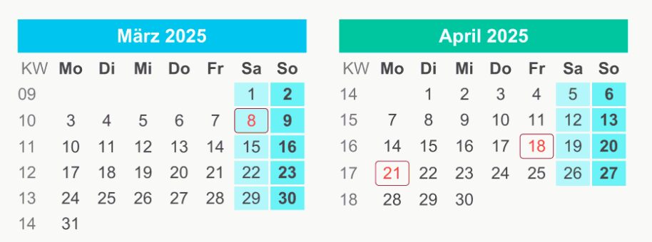März und April, Kalender 2025