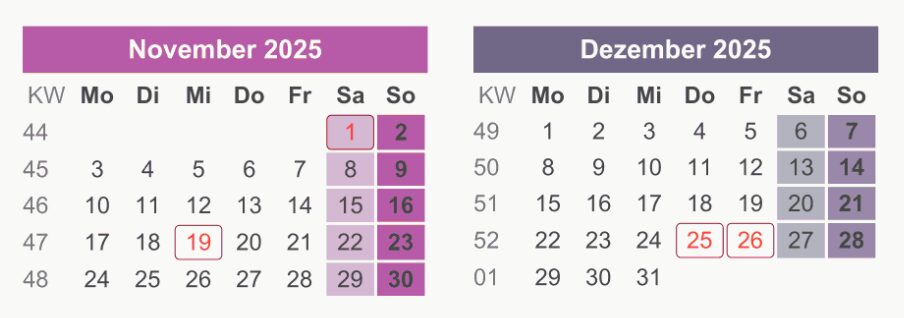 November und Dezember, Kalender 2025