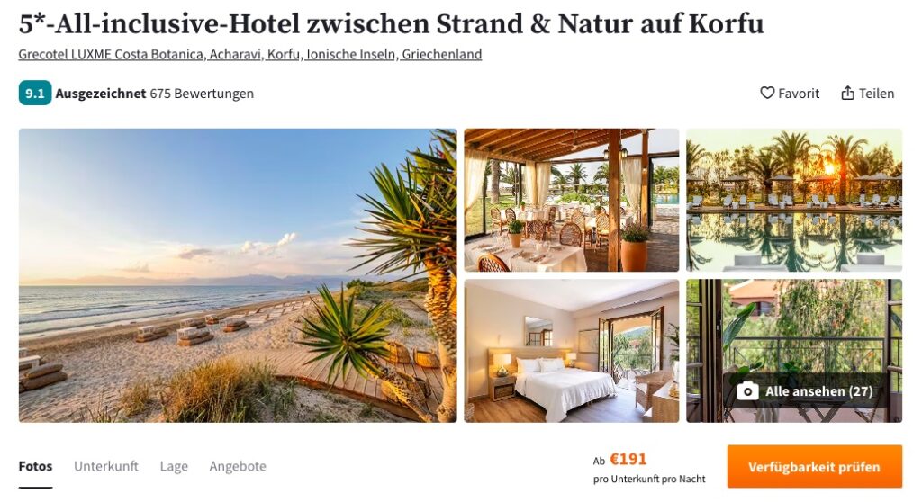 Reise nach Korfu: 6 Tage im 5* Strandhotel mit All Inclusive ab 273€ p.P. im DZ