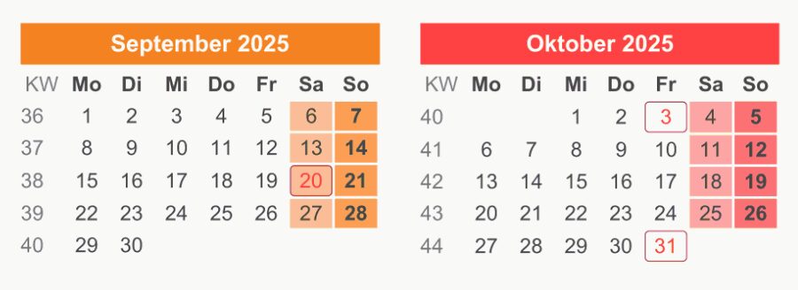 September und Oktober, Kalender 2025