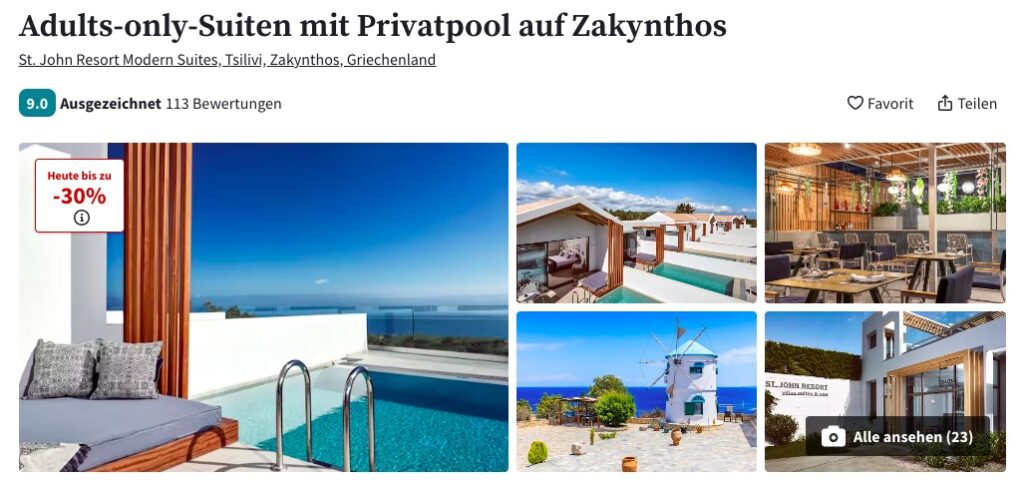 Zakynthos Urlaub: 3 Tage im 5* Hotel mit Frühstück & Suite mit eigenem Pool ab 238€ p.P. (DZ)