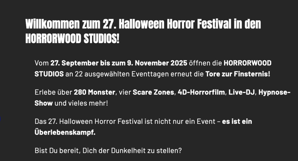 Halloween im Movie Park: Hotel + Tagesticket ab 46€ p.P. / 40% Rabatt auf Tickets für das Horror Festival
