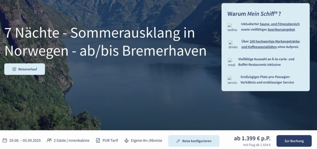 Mein Schiff® Angebote: ab 9:30 Uhr Tauffahrt mit der Mein Schiff Relax buchen / 9 Tage in der Balkonkabine mit All Inclusive ab 2.399€ p.P.