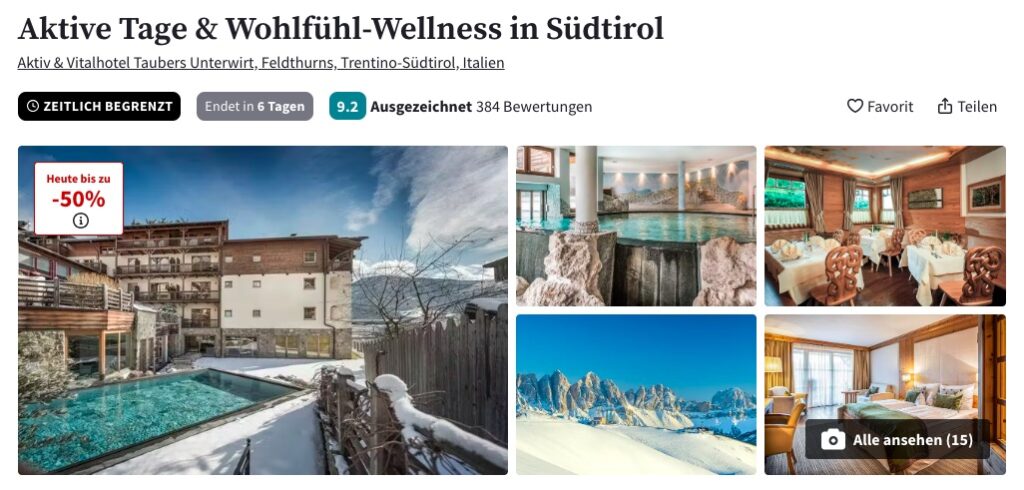 Südtirol Kurzurlaub: 3 Tage im top Hotel inkl. Wellness, Frühstück & Extras ab 199€ p.P.