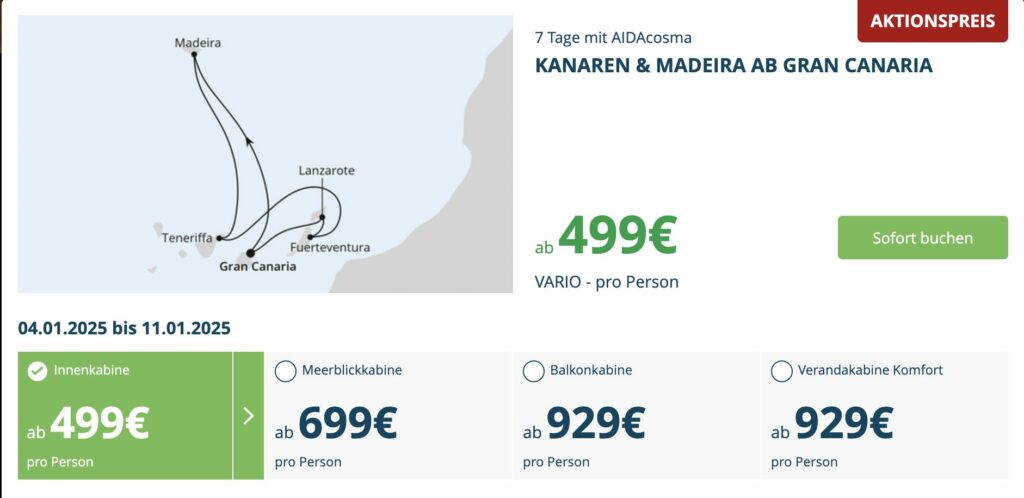 AIDA Kanaren und Madeira Kreuzfahrt – 7 Tage inklusive VP ab 595€ p.P.