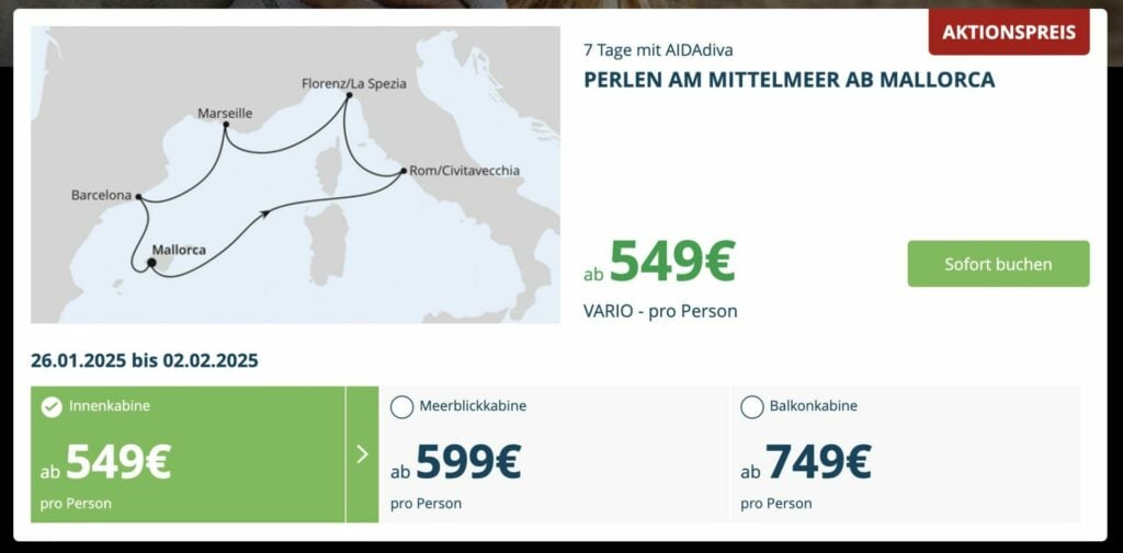 AIDA Mittelmeerkreuzfahrt – 1 Woche inkl. Vollpension ab 749€ p.P.