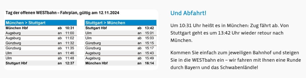 Bahn Angebot: zum Start der WESTbahn gratis von München nach Stuttgart und retour fahren