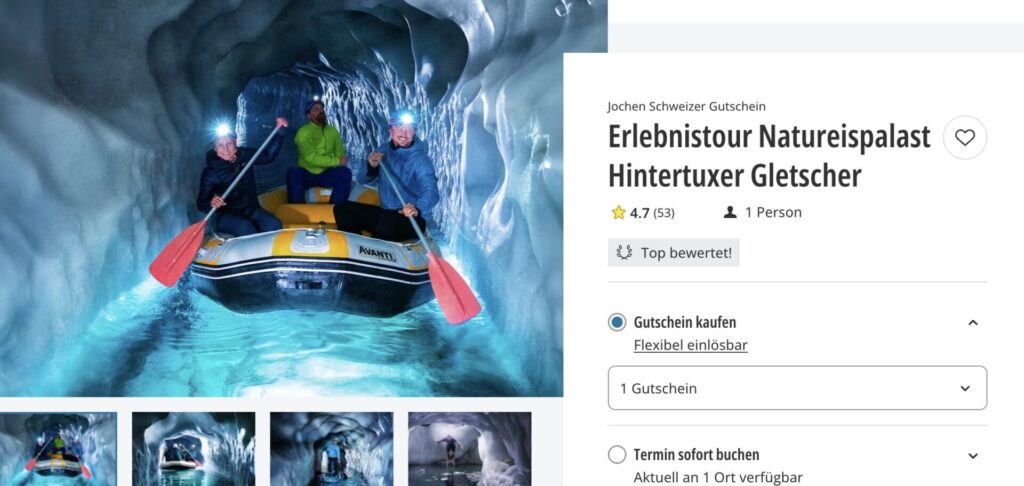 Tirol Schnäppchen – Natureispalast Hintertuxer Gletscher: 55€ p.P.