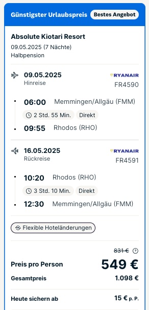 Rhodos mit Flug und Hotel: 1 Woche inkl. Halbpension ab 549€ p.P.