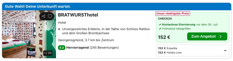 Bratwursthotel in Franken: Übernachtung ab 76€ p.P. (DZ)
