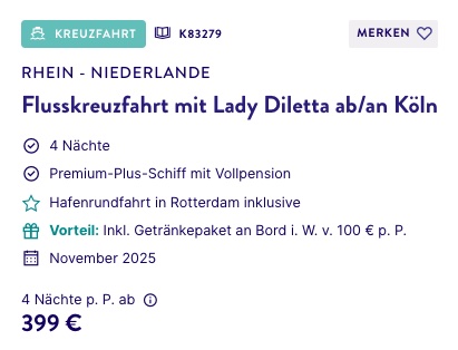 Kreuzfahrt Angebot: auf dem Rhein in die Niederlande inkl. Vollpension und Getränkepaket / 5 Tage ab 399€ p.P. (bei 2 Leuten)