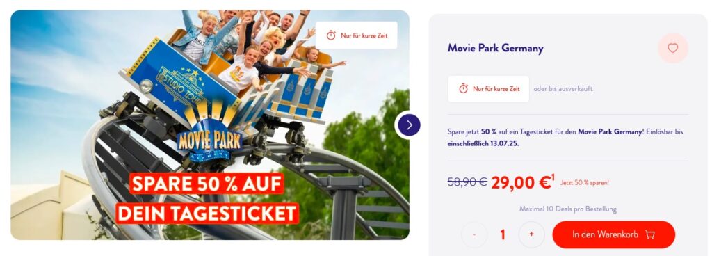 Movie Park Tagesticket mit 50% Rabatt = Gutschein für 29€